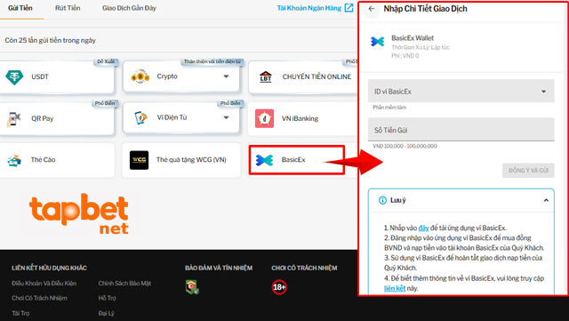 Thao tác nạp tiền TAPTAP qua BasicEx